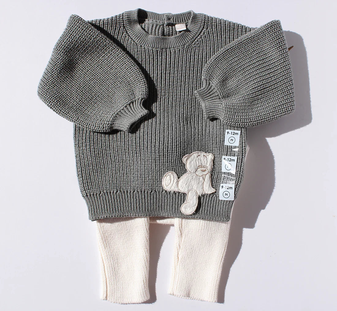 Two-Tone Knit Set with Teddy Bear