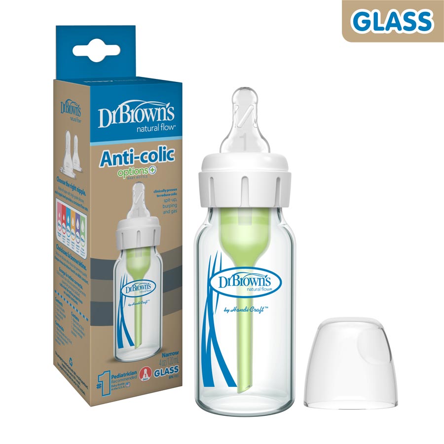 Dr. Brown’s Natural Flow® Anti-Colic Options+™ Narrow Glass Baby Bottle, with Level 1 Slow Flow Nipple
