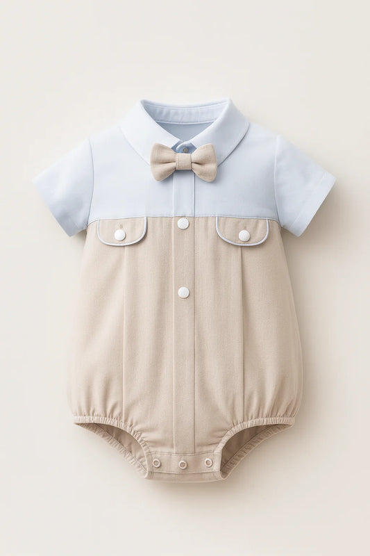Baby Boy Beige & Sky-Blue Bow Tie Romper