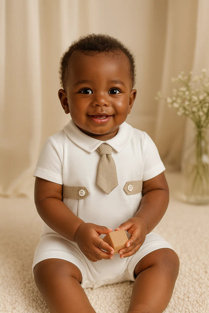Baby Boy White Cotton Romper