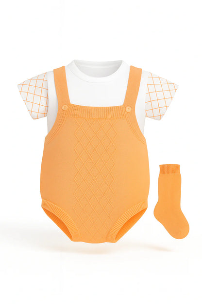 Baby Girl Soft Peach Knit Suspender Romper Set