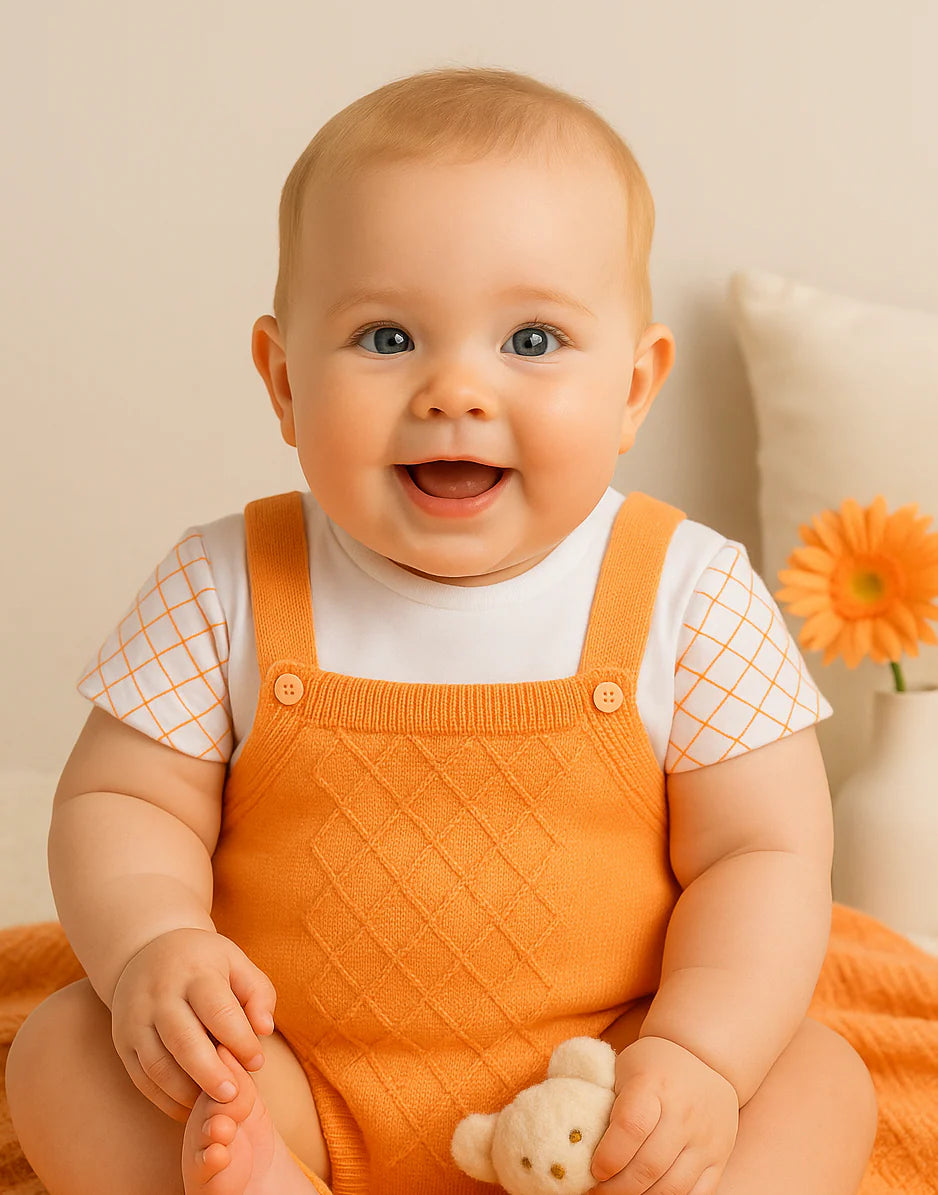 Baby Girl Soft Peach Knit Suspender Romper Set