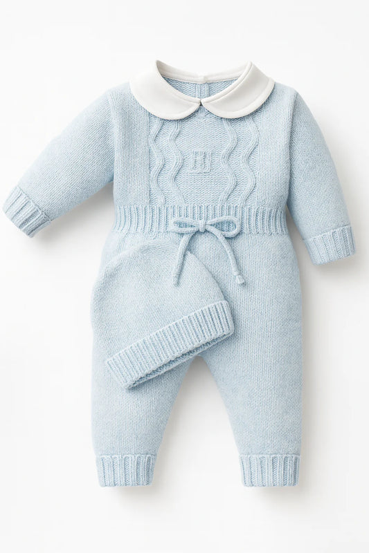 Classic Knitted Baby Romper with Beanie