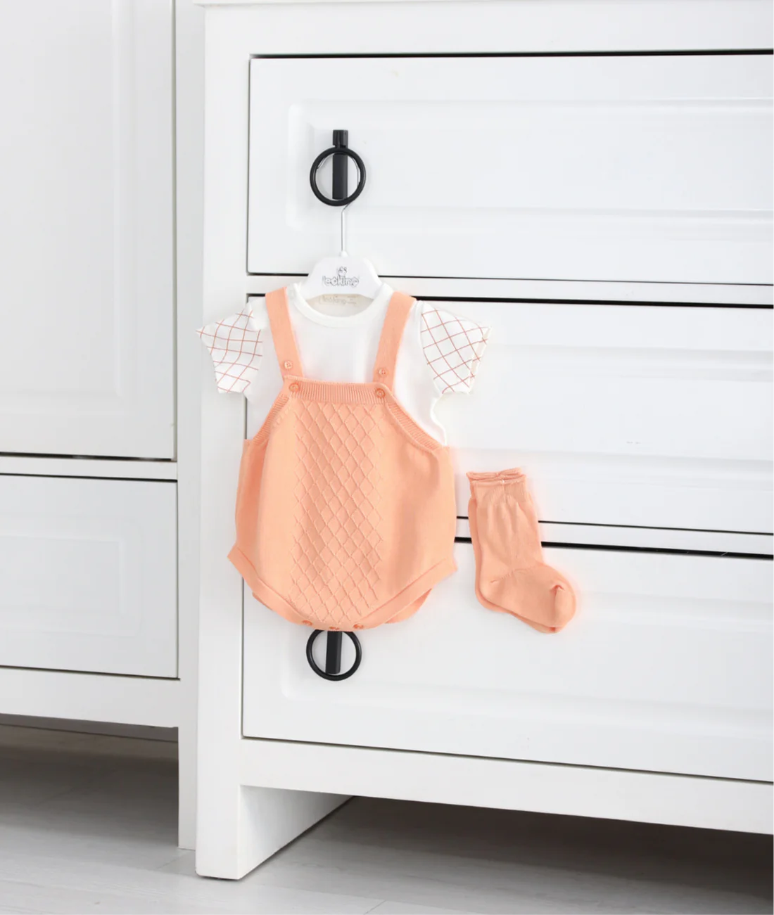 Baby Girl Soft Peach Knit Suspender Romper Set