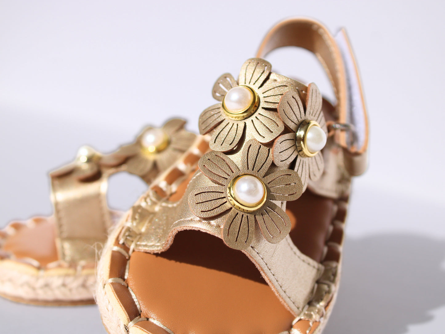 Golden Floral Sandals with Pearl Accents
