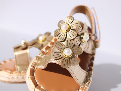 Golden Floral Sandals with Pearl Accents