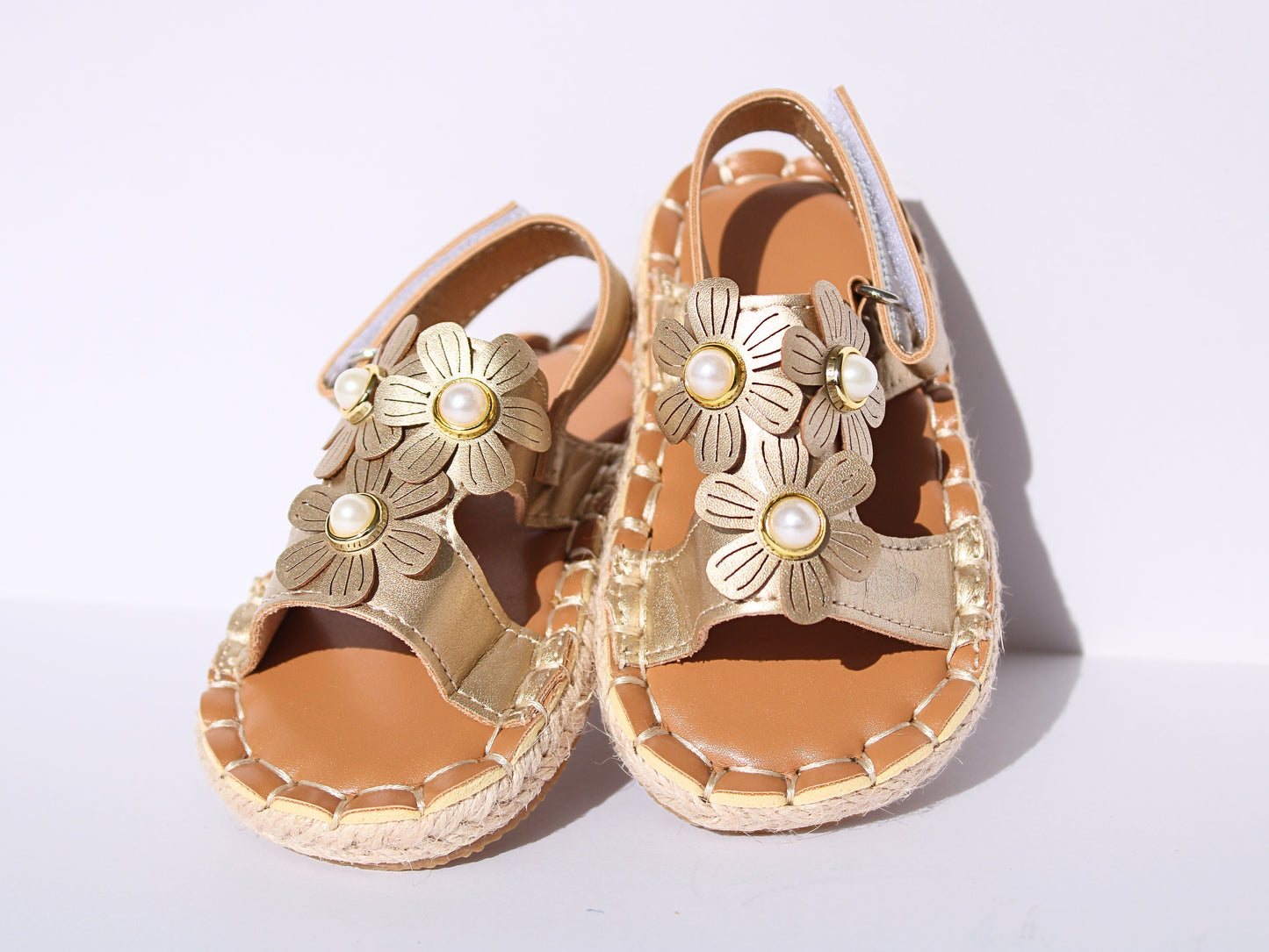Golden Floral Sandals with Pearl Accents