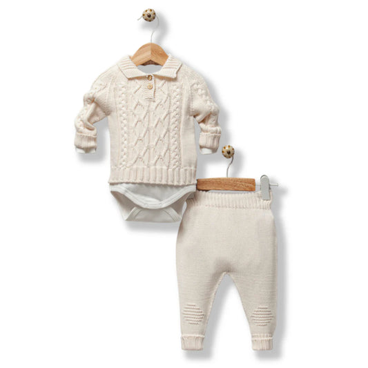 Baby Boy Beige and White 3 Pieces Set