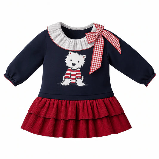 Vestido Festivo con Perrito y Moño en Azul Marino y Rojo