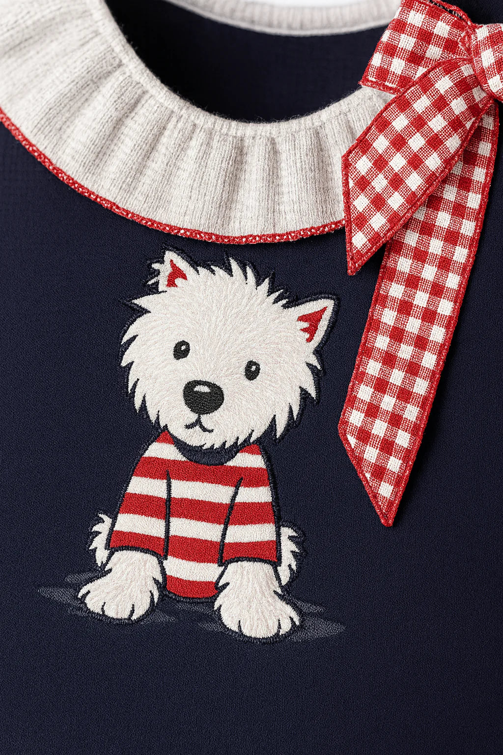 Vestido Festivo con Perrito y Moño en Azul Marino y Rojo