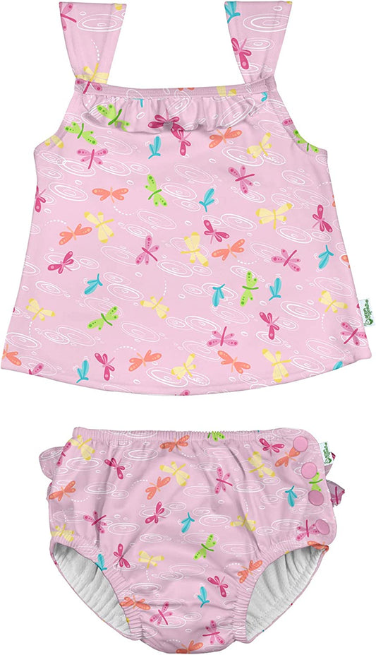 Two-piece tankini with ruffles and reusable absorbent diapers