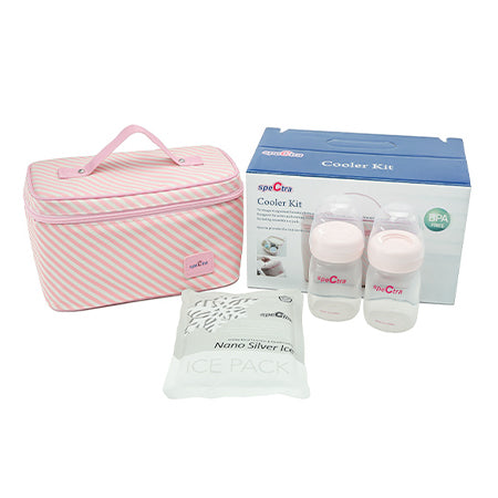 Sleek, simple, and convenient – the Spectra® Pink Cooler with Ice Pack and Wide Neck Bottles Kit is great for active moms to transport and store breast milk.